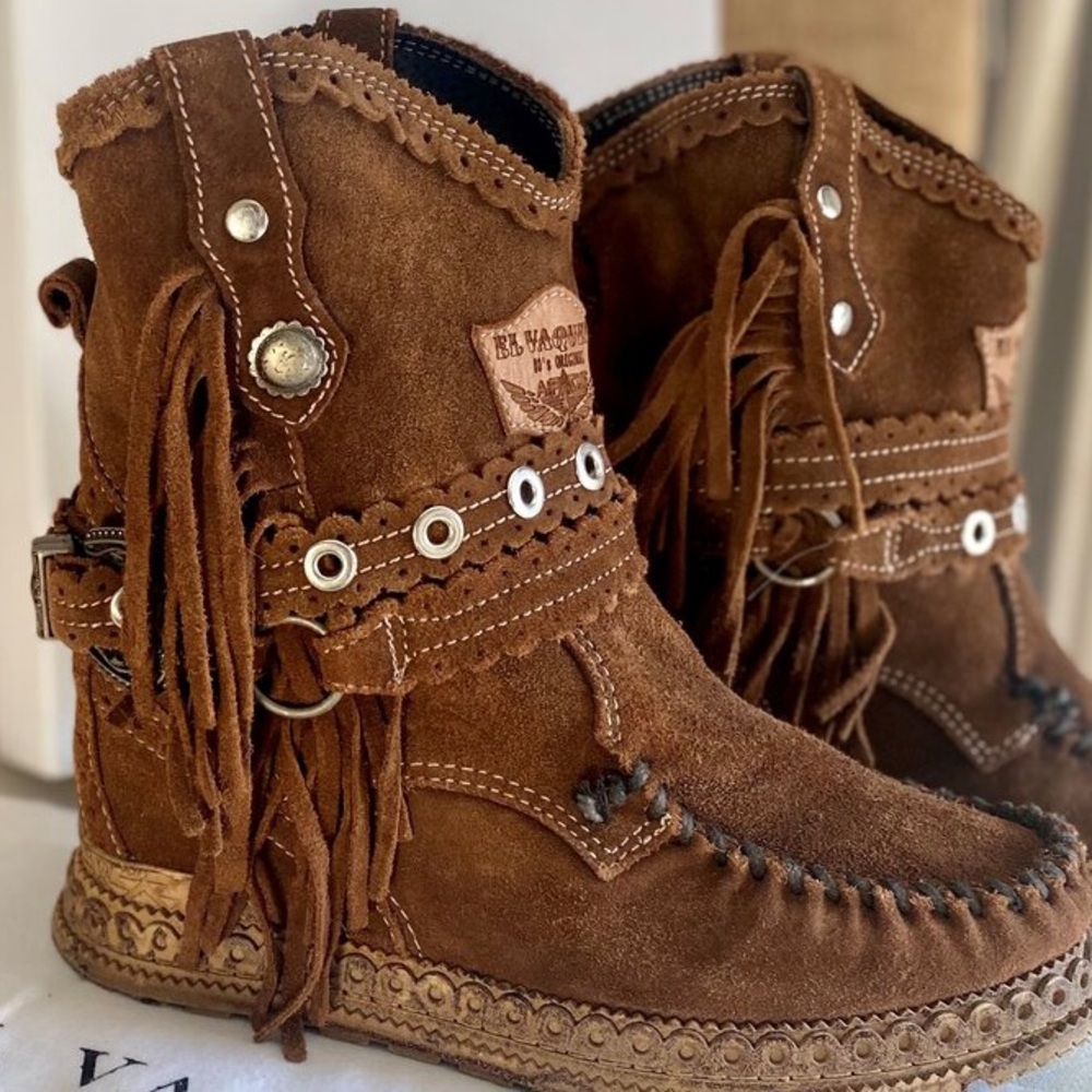 Brown Suede Ankle Boots with Fringe - Picture 1 of 8